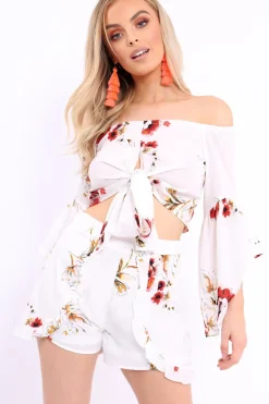 Rebellious Fashion White Floral Crop Top and Shorts Co-ord - Teigan