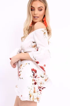 Rebellious Fashion White Floral Crop Top and Shorts Co-ord - Teigan