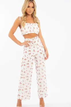 Rebellious Fashion White Floral Crop Top Wide Trouser Co-ord - Tully