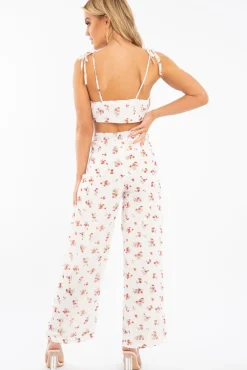 Rebellious Fashion White Floral Crop Top Wide Trouser Co-ord - Tully
