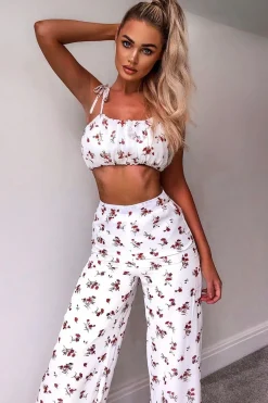 Rebellious Fashion White Floral Crop Top Wide Trouser Co-ord - Tully