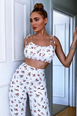 Rebellious Fashion White Floral Crop Top Wide Trouser Co-ord - Tully