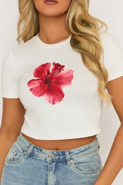 Rebellious Fashion White Floral Crop Tshirt - Diletta