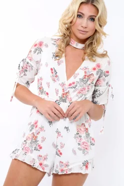 Rebellious Fashion White floral cut out choker playsuit - Clarissa