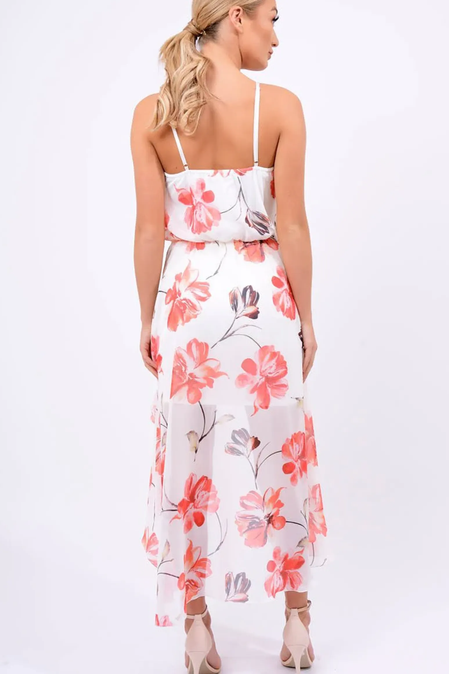 Rebellious Fashion White Floral Dip Hem Maxi Dress - Raina