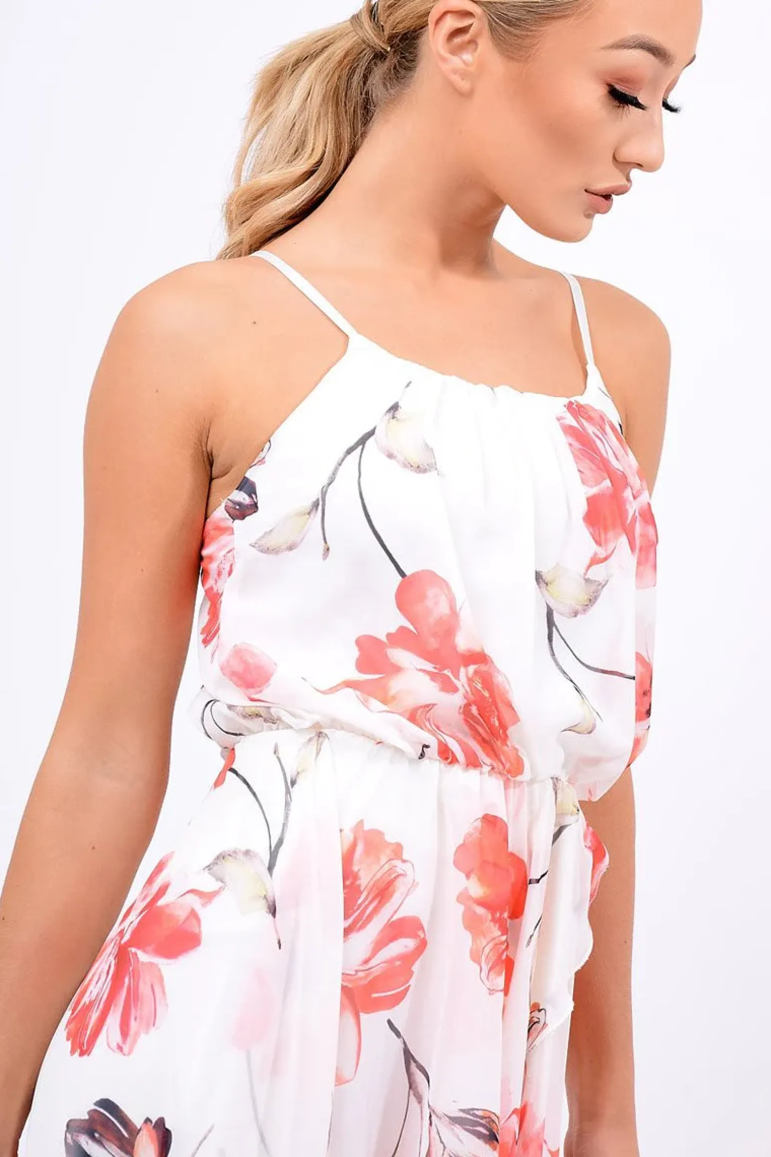 Rebellious Fashion White Floral Dip Hem Maxi Dress - Raina