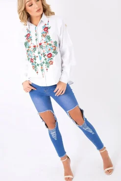 Rebellious Fashion White Floral Embroidered Shirt - Solange