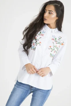 Rebellious Fashion White Floral Embroidered Shirt - Lara