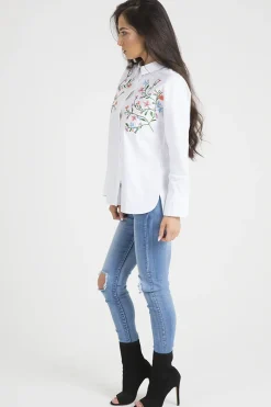 Rebellious Fashion White Floral Embroidered Shirt - Lara