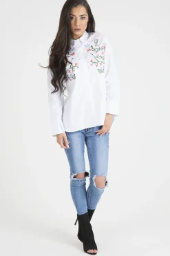 Rebellious Fashion White Floral Embroidered Shirt - Lara