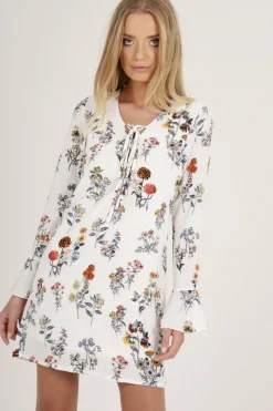 Rebellious Fashion White Floral Flared Sleeve Dress - Aisha