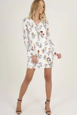 Rebellious Fashion White Floral Flared Sleeve Dress - Aisha
