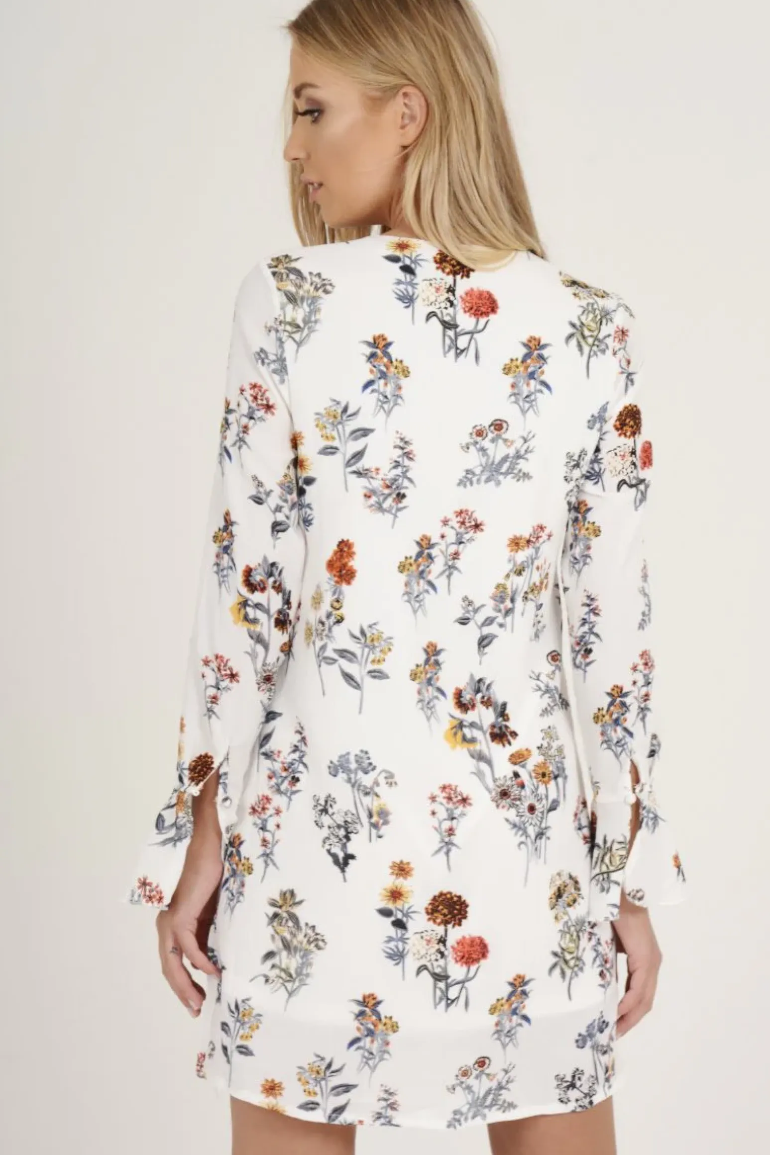 Rebellious Fashion White Floral Flared Sleeve Dress - Aisha