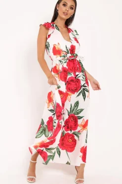 Rebellious Fashion White Floral Frill Sleeve Maxi Dress - Persia
