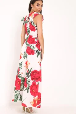Rebellious Fashion White Floral Frill Sleeve Maxi Dress - Persia
