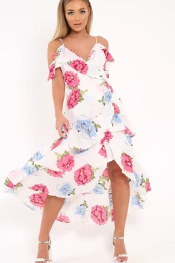 Rebellious Fashion White Floral Frill Wrap Cold Shoulder Dress -Sabria