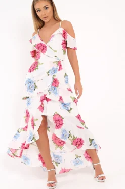 Rebellious Fashion White Floral Frill Wrap Cold Shoulder Dress -Sabria