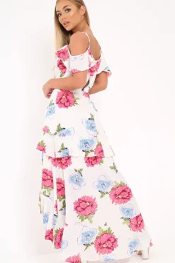 Rebellious Fashion White Floral Frill Wrap Cold Shoulder Dress -Sabria