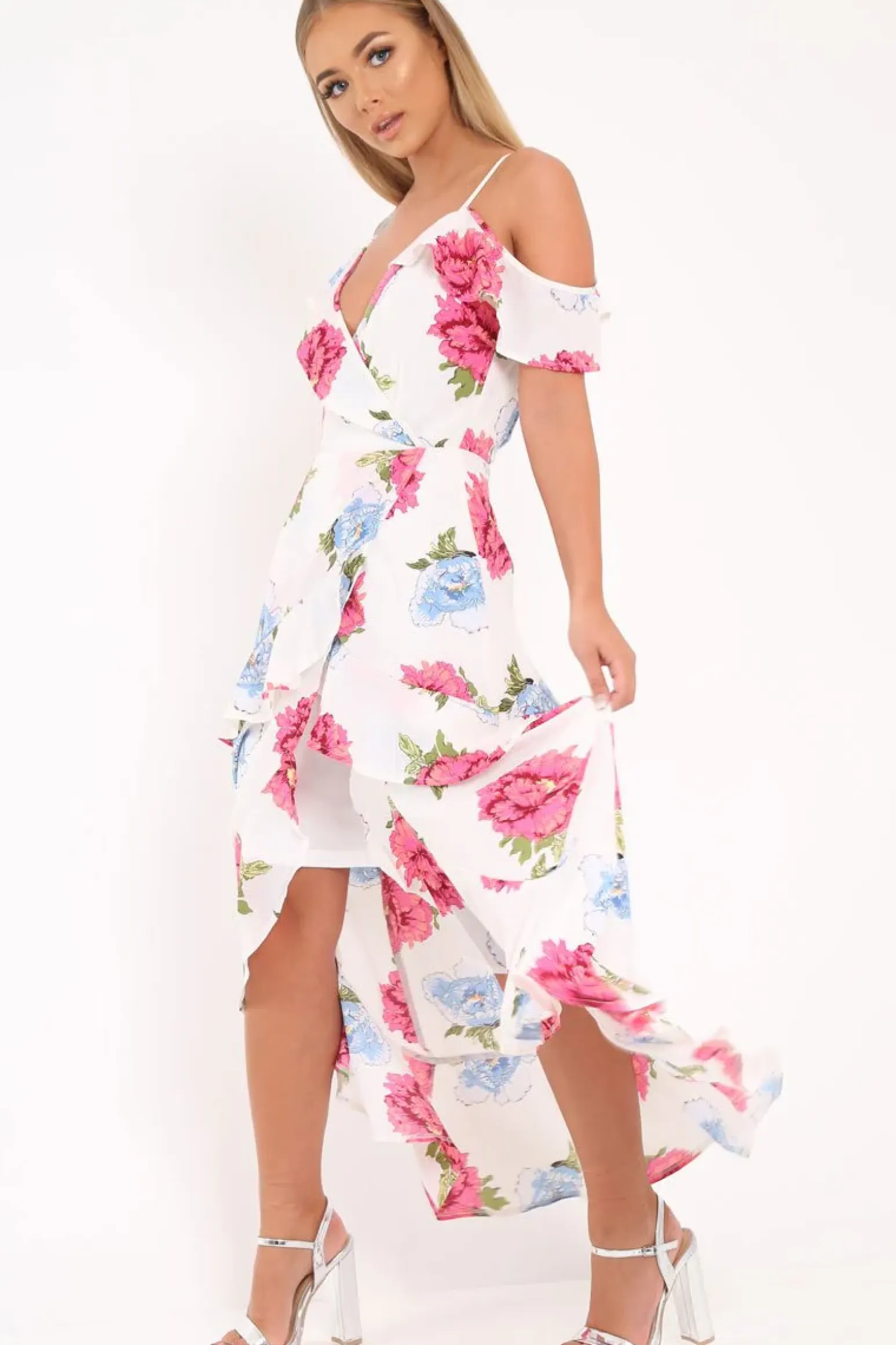 Rebellious Fashion White Floral Frill Wrap Cold Shoulder Dress -Sabria