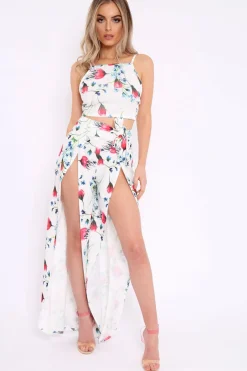 Rebellious Fashion White Floral Front Split Trousers And Crop Co-Ord - Damaria