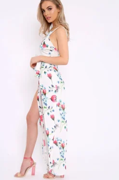 Rebellious Fashion White Floral Front Split Trousers And Crop Co-Ord - Damaria