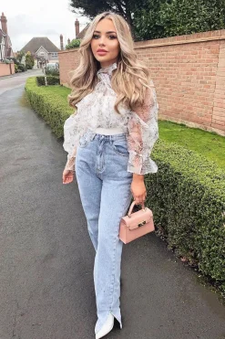 Rebellious Fashion White Floral Half Mesh Ribbed Insert Neck Tie Blouse - Sammie