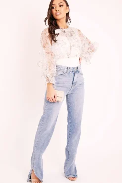 Rebellious Fashion White Floral Half Mesh Ribbed Insert Neck Tie Blouse - Sammie
