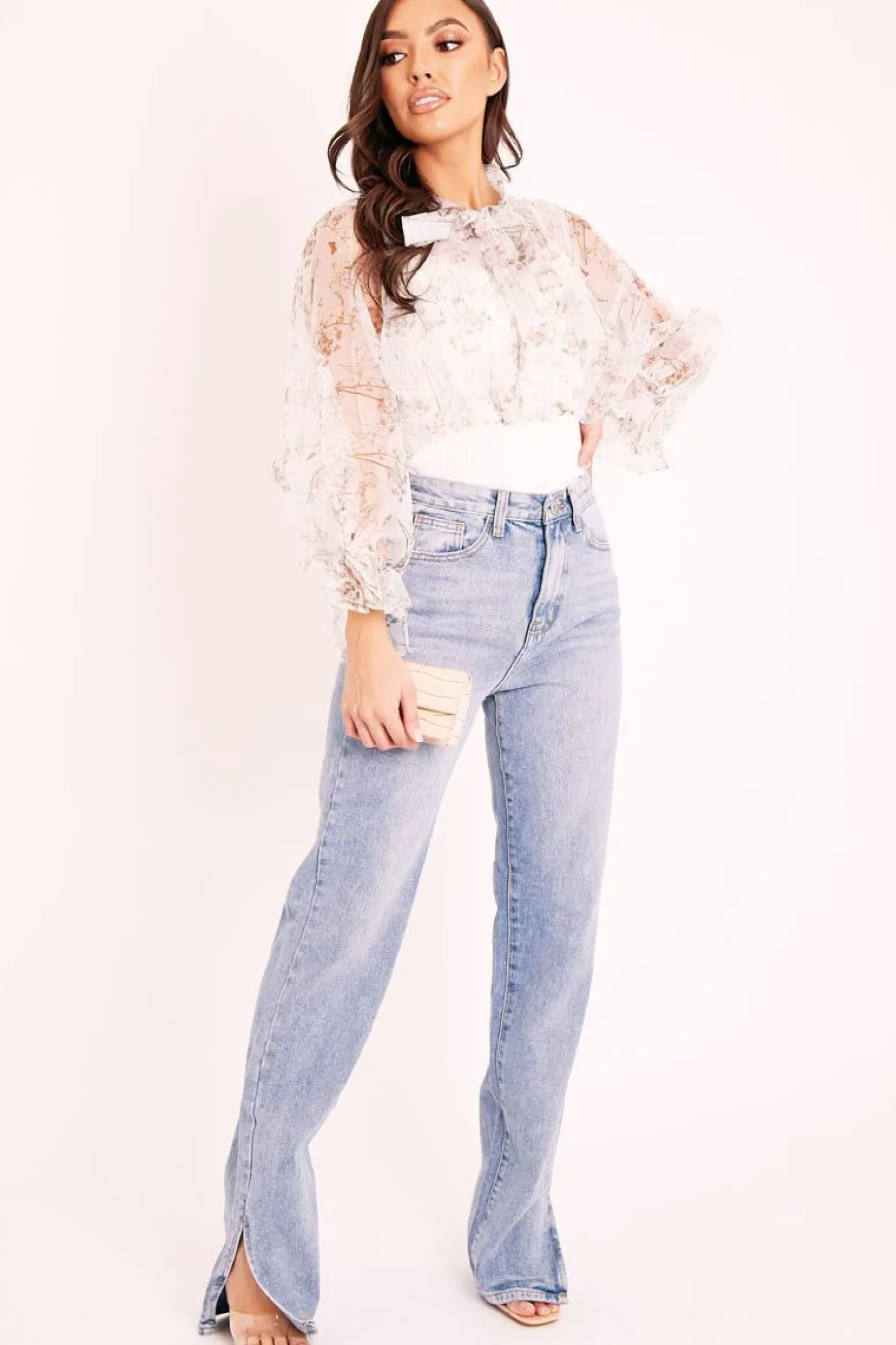 Rebellious Fashion White Floral Half Mesh Ribbed Insert Neck Tie Blouse - Sammie