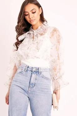 Rebellious Fashion White Floral Half Mesh Ribbed Insert Neck Tie Blouse - Sammie