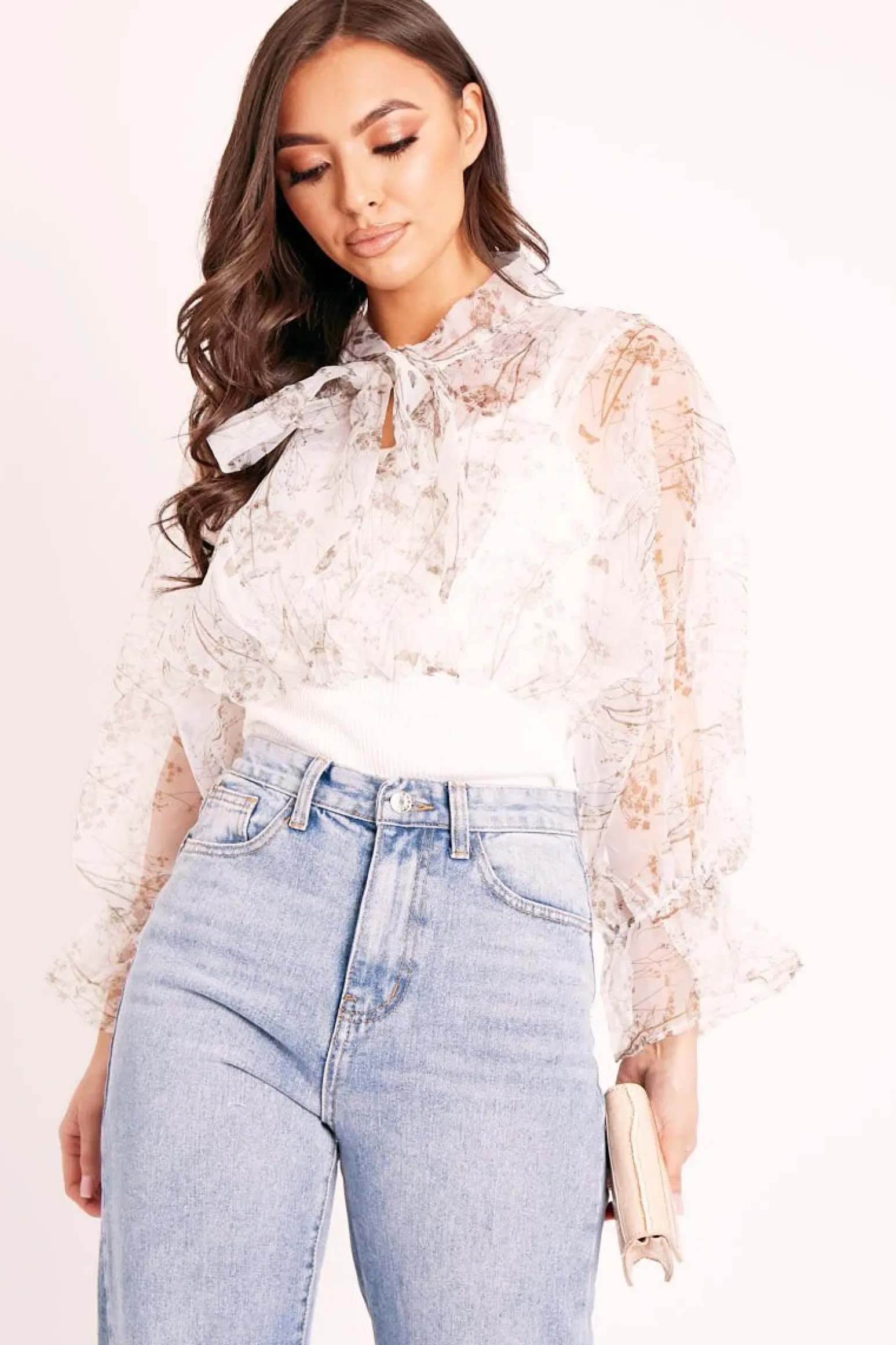 Rebellious Fashion White Floral Half Mesh Ribbed Insert Neck Tie Blouse - Sammie