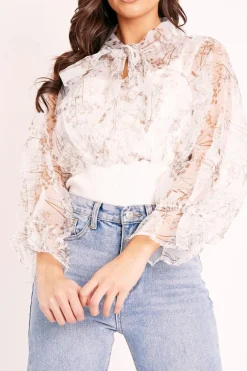 Rebellious Fashion White Floral Half Mesh Ribbed Insert Neck Tie Blouse - Sammie