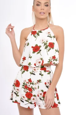 Rebellious Fashion White Floral Halterneck Crop Top - Kamisha