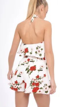 Rebellious Fashion White Floral Halterneck Crop Top - Kamisha