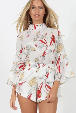 Rebellious Fashion White Floral High Neck Bell Sleeve Blouse - Lexi