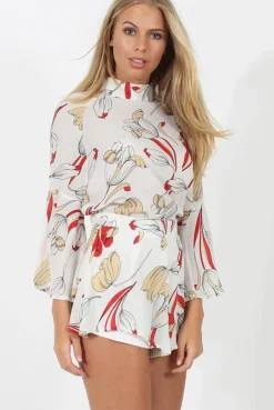 Rebellious Fashion White Floral High Neck Bell Sleeve Blouse - Lexi