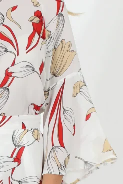 Rebellious Fashion White Floral High Neck Bell Sleeve Blouse - Lexi