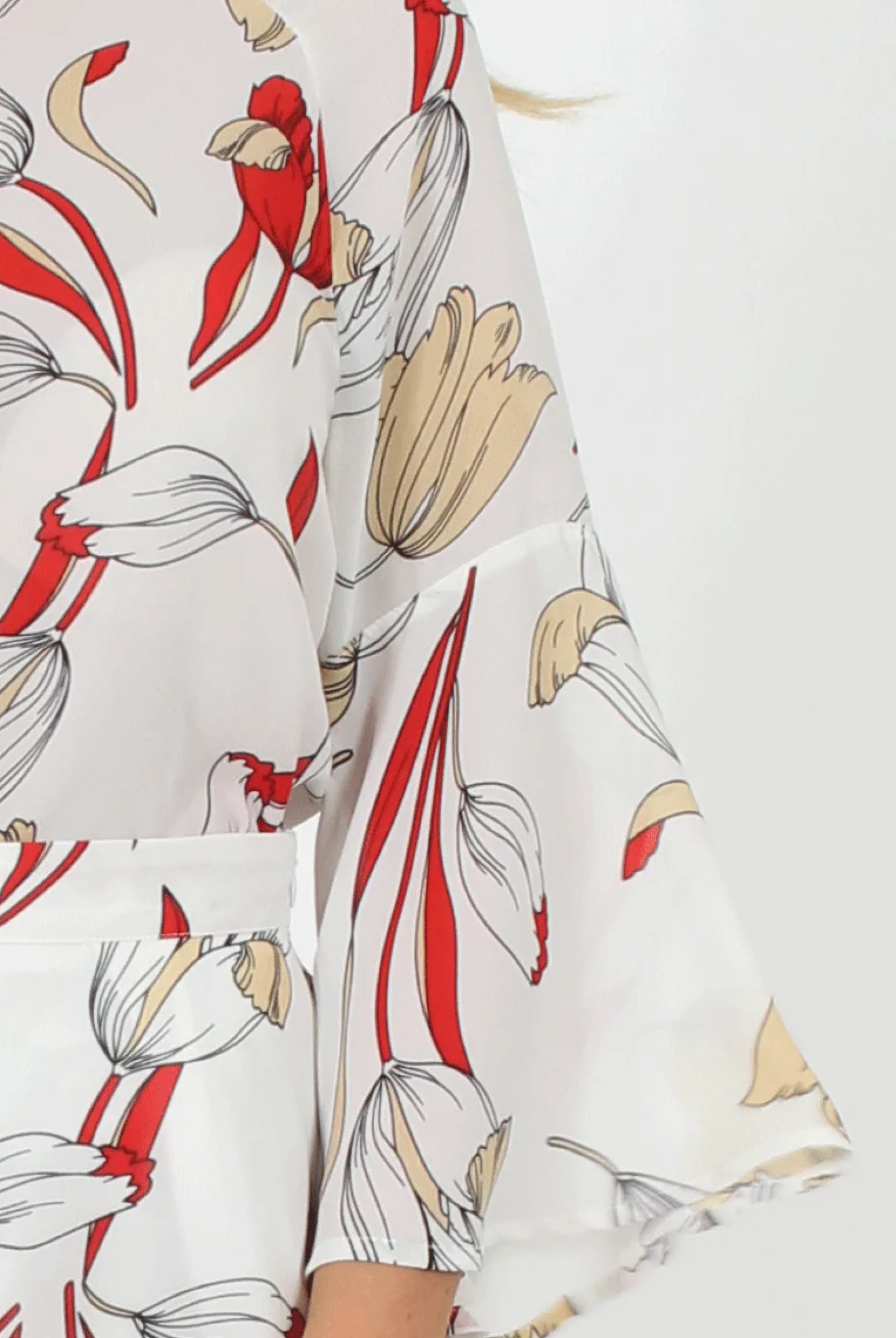Rebellious Fashion White Floral High Neck Bell Sleeve Blouse - Lexi
