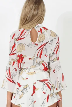 Rebellious Fashion White Floral High Neck Bell Sleeve Blouse - Lexi