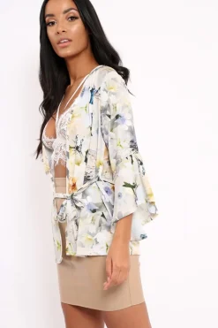 Rebellious Fashion White Floral Kimono Blouse - Malenie