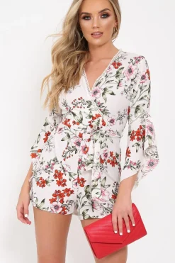 Rebellious Fashion White Floral Kimono Sleeve Playsuit - Altaira