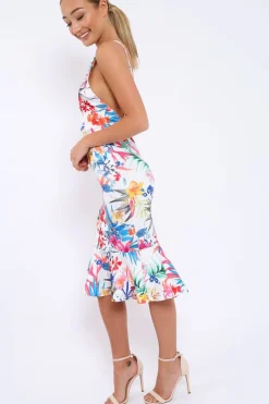 Rebellious Fashion White Floral Midi Dress with Frill Detail - Kyrstin
