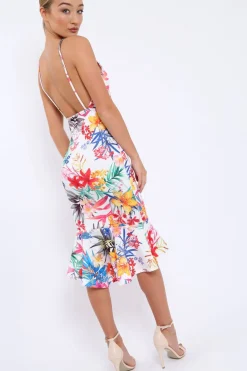 Rebellious Fashion White Floral Midi Dress with Frill Detail - Kyrstin