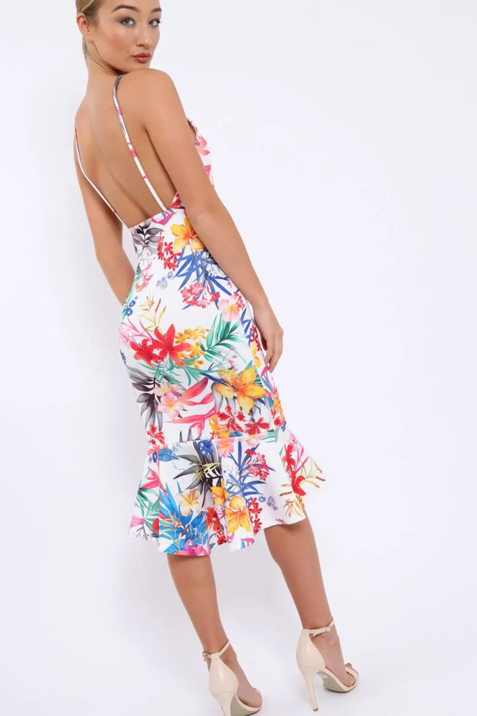 Rebellious Fashion White Floral Midi Dress with Frill Detail - Kyrstin
