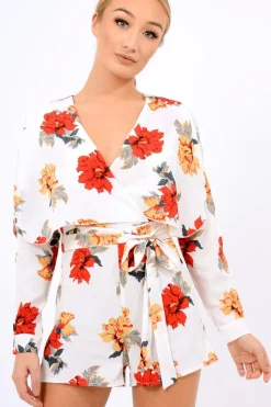 Rebellious Fashion White Floral Panel Wrap Playsuit - Ladonna