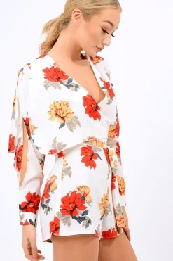 Rebellious Fashion White Floral Panel Wrap Playsuit - Ladonna
