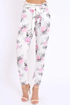 Rebellious Fashion White Floral Paper Bag Tie Waist Cigarette Trousers - Jana