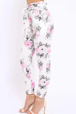 Rebellious Fashion White Floral Paper Bag Tie Waist Cigarette Trousers - Jana