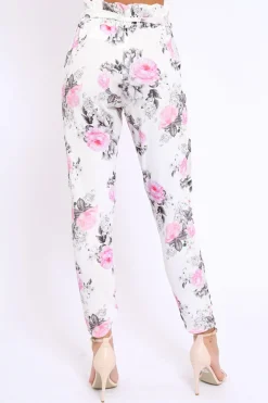 Rebellious Fashion White Floral Paper Bag Tie Waist Cigarette Trousers - Jana