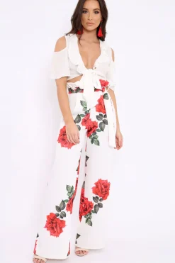 Rebellious Fashion White Floral Paper Bag Tie Waist Wide Leg Trousers - Kennedy