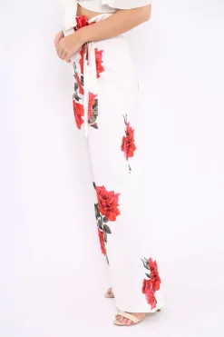 Rebellious Fashion White Floral Paper Bag Tie Waist Wide Leg Trousers - Kennedy
